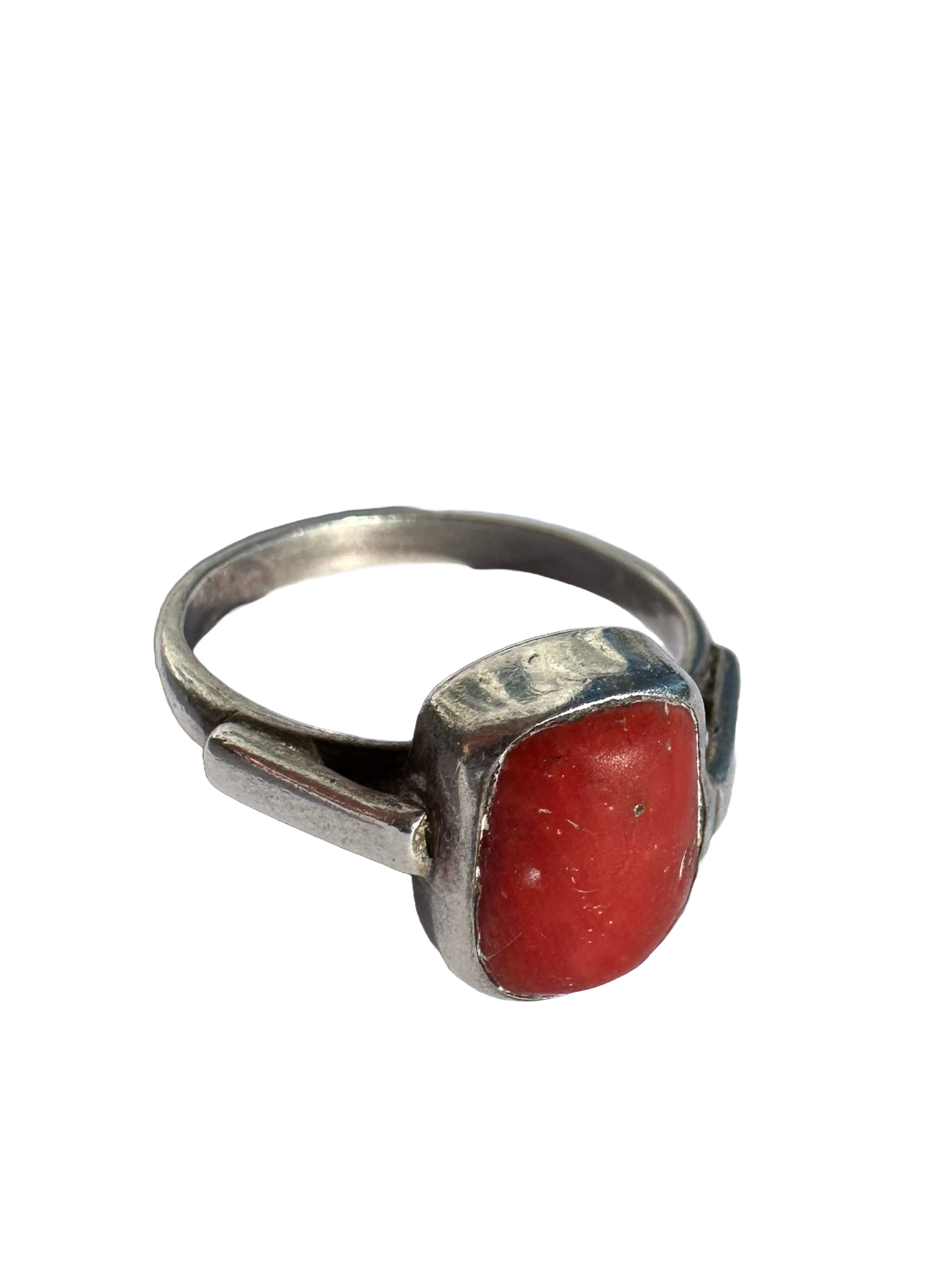 Sterling Silver Red Coral Solitaire Ring (Size 9)