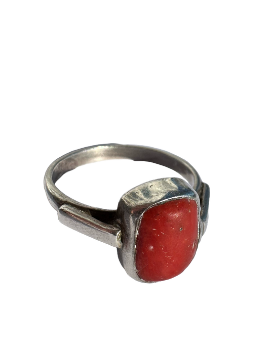 Sterling Silver Red Coral Solitaire Ring (Size 9)